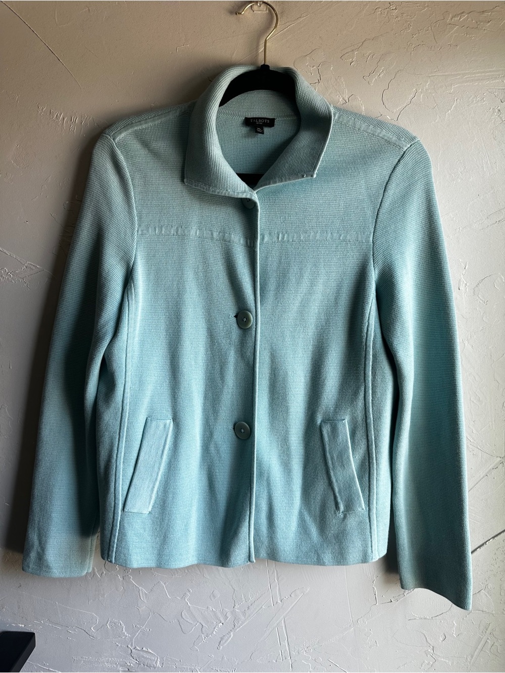Talbots Duck Egg Blue Knit‎ Sweater Blazer Jacket Petite Preppy Old Money Sz MP